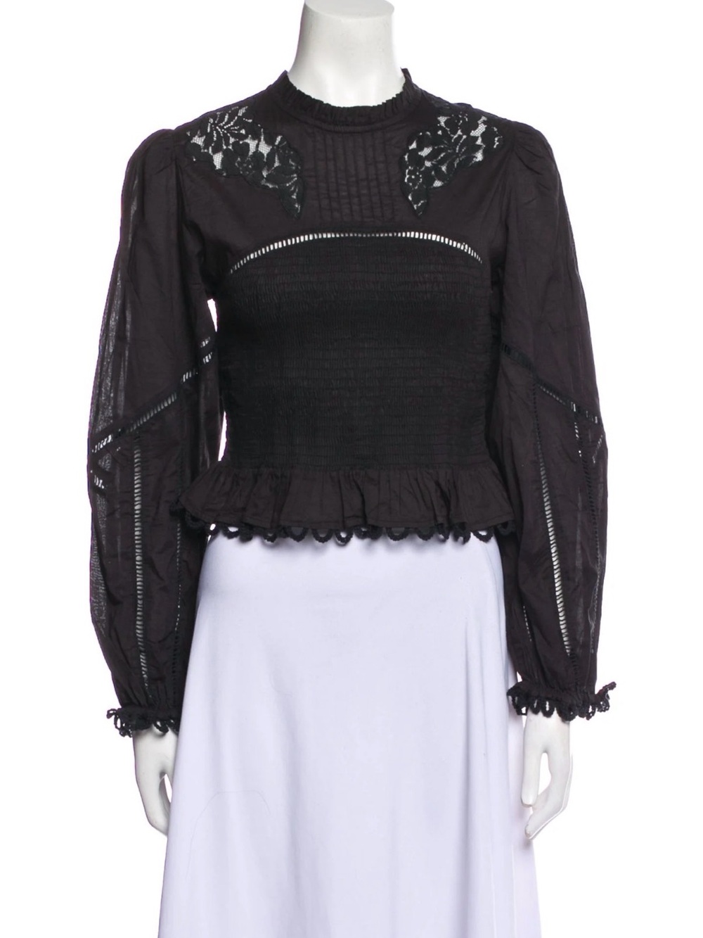 FARM Rio Black Smocked Lace-Inset Puff Sleeve Blouse - Picture 2 of 5